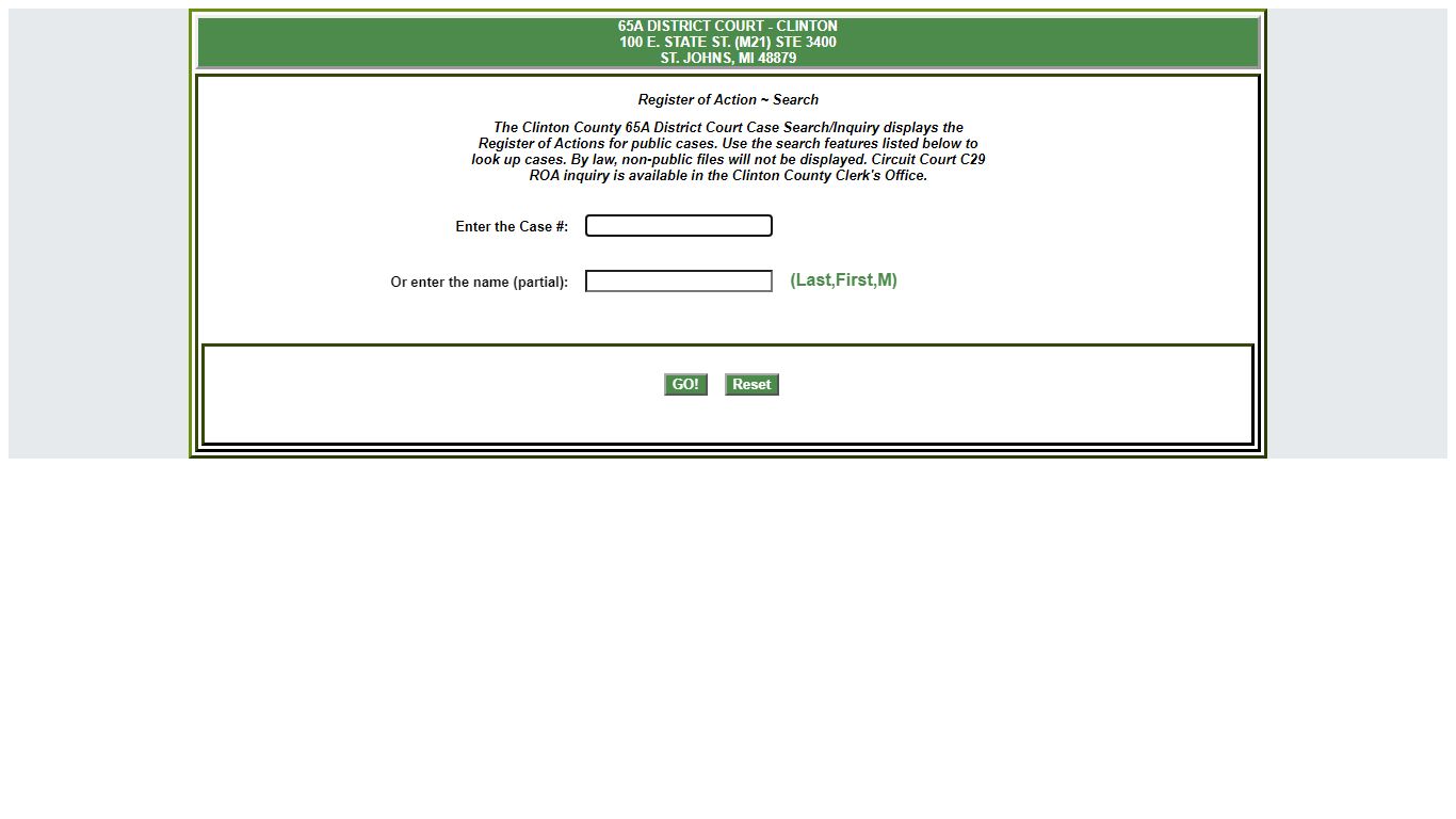 Register of Action ~ Search - Clinton County, Michigan